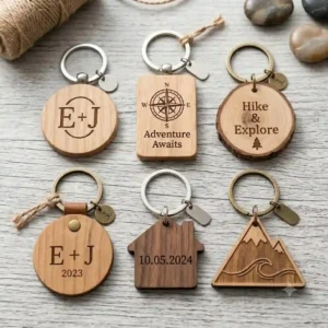 A detailed close-up square illustration focused specifically on various custom engraved keychains made of different natural woods, like walnut and oak, showing distinct grains and precise laser-etched personalized names, initials, and small icons, with a leather loop and metal rings.