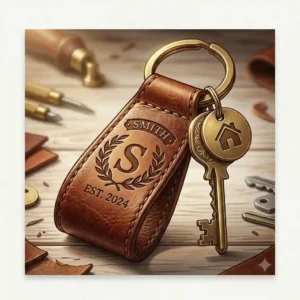A close-up view of a handcrafted leather key chain holder custom engraved with elegant initials on a workshop desk.