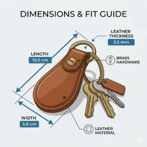 An infographic size guide illustrating the length and width measurements of a compact leather key ring holder.