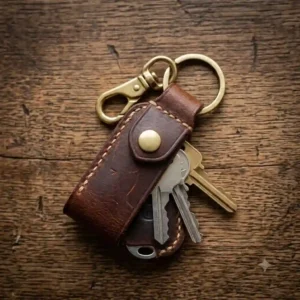 An infographic illustration showing the exact dimensions and size measurements of a leather keychain holder.