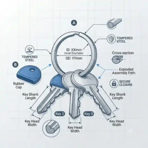 Technical illustration showing the inner and outer diameter measurements of a flat split ring key ring.