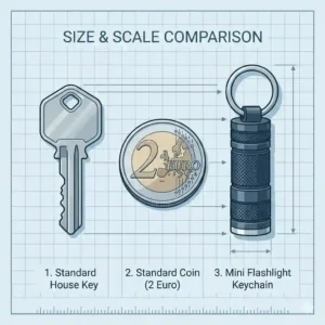 An illustration comparing a mini flashlight keychain side-by-side with a standard house key and a coin to demonstrate its ultra-compact dimensions.