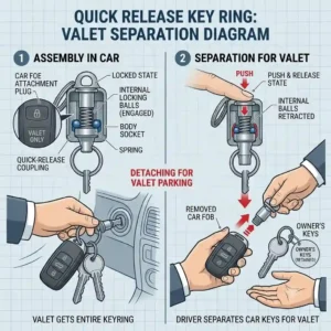 An illustration of a driver separating car keys from house keys using a quick release key ring for valet parking.