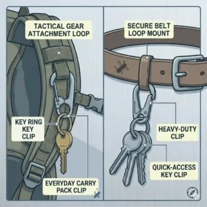 Graphic illustration of tactical key ring clips attached to a backpack strap and a leather belt loop for daily gear organization.
