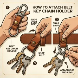 A step-by-step vector illustration showing how to slide and snap a belt key chain holder onto a standard pant belt.