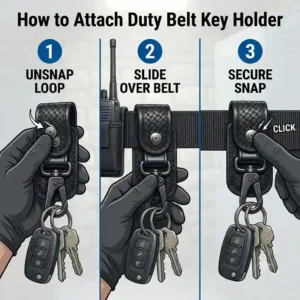 A step-by-step vector illustration showing how to slide and secure a duty belt key holder onto a standard 2-inch tactical belt.