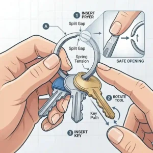 Vector illustration demonstrating how to safely open a heavy-duty ring key ring without hurting your fingernails.
