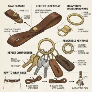 An illustration demonstrating how to securely attach a clip on belt loop keychain to a leather belt.