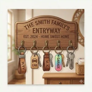 A rustic wooden key chain holder custom made for home entryway organization with family name details.
