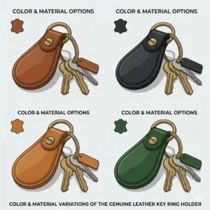 Illustration showing a single leather key ring holder available in four color variations: brown, black, natural, and green.
