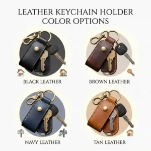 An illustration displaying a leather keychain holder in various colors like black, tan, and navy blue.