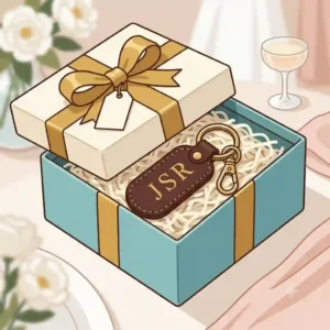 An illustration of a personalized monogrammed keychain inside a bridal shower gift box.