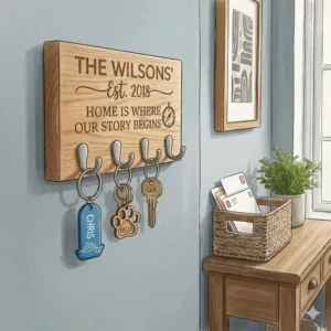 A technical drawing illustrating the height, width, and hook spacing of a standard personalized key holder.