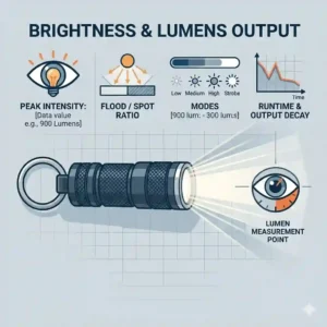 A diagram showing the bright light beam angles and lumen output of a powerful LED mini flashlight keychain illuminating a dark pathway.