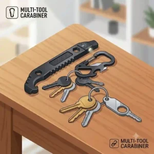 A vector illustration of a heavy-duty tactical carabiner showing built-in key accessories like a bottle opener and a mini screwdriver.