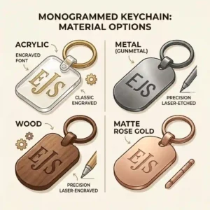 Graphic displaying different material styles for a monogrammed keychain including acrylic, wood, and metal.