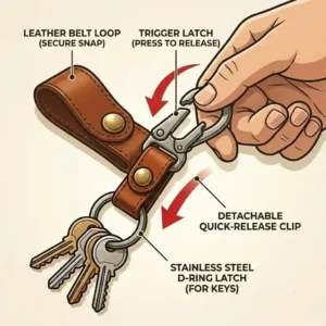 A detailed graphic demonstrating the quick-release functionality of a detachable belt key chain holder.