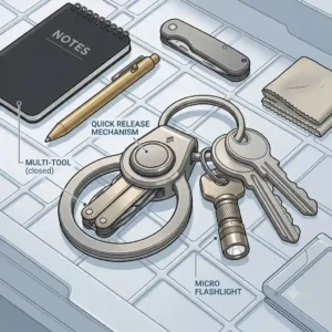 A flat lay illustration of an everyday carry setup featuring a multi-tool, flashlight, and a quick release key ring.