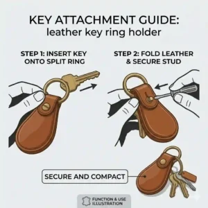 A step-by-step diagram showing how to attach keys onto the solid brass hardware of the leather key ring holder.