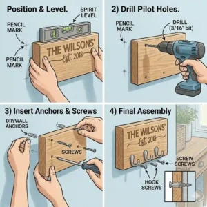 A step-by-step diagram showing how to securely install a personalized key holder onto a drywall surface.