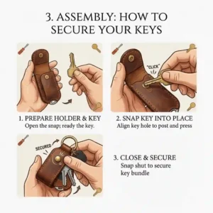 A step-by-step illustrated guide showing how to attach keys to a secure leather keychain holder.