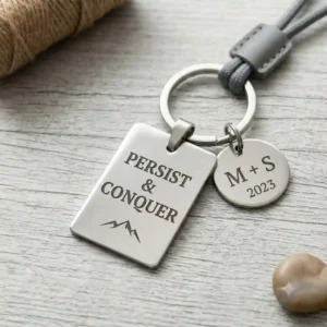 A detailed square photograph showcasing diverse custom engraved keychains made from polished stainless steel, including dog tag, circle, and rectangular shapes, featuring various deep engravings such as motivational quotes, coordinates, and dates.