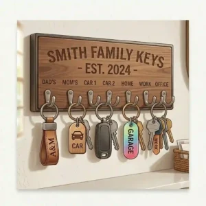 A modern wall mounted key chain holder custom designed with multiple metallic hooks holding various keys.