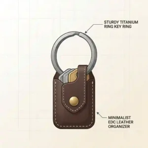 Graphic illustration of a minimalist leather EDC organizer attached to a sturdy titanium ring key ring.