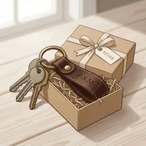 An illustration of a personalized leather key ring tucked neatly inside a minimalist cardboard gift box with a ribbon.