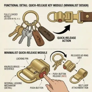 A close up view of a minimalist belt loop keychain featuring a quick release detachable key ring.