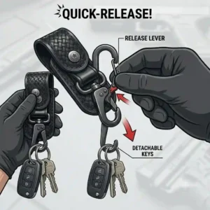 An illustration demonstrating the quick-release functionality of a tactical duty belt key holder for fast access to keys.