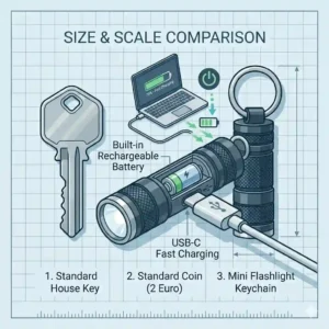 An illustration of a rechargeable mini flashlight keychain plugged into a laptop USB port with a battery charging indicator light.