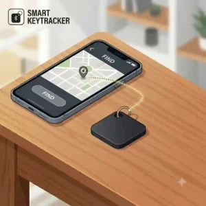 A digital illustration of a smartphone app tracking a smart Bluetooth finder attached to a ring of key accessories.