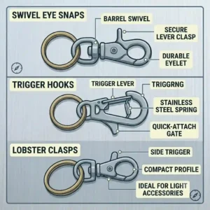 Infographic diagram comparing different types of key ring clips, including swivel eye snaps, trigger hooks, and lobster clasps.