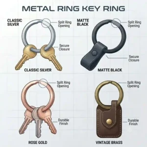 Illustration showcasing a ring key ring in various metallic finishes including matte black, rose gold, and brass.