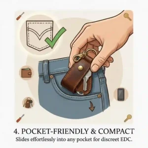A minimalist illustration of a compact leather keychain holder sliding smoothly into a front pants pocket.