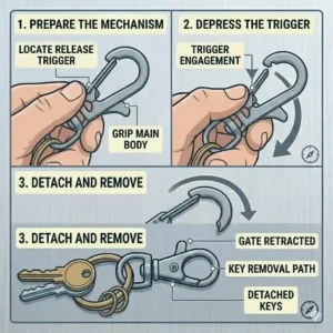 Step-by-step vector illustration showing how to quickly detach keys using a quick-release key ring clips mechanism.