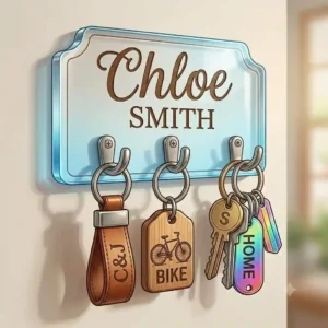 A clear personalized acrylic key chain holder custom printed with vibrant names and artistic details.