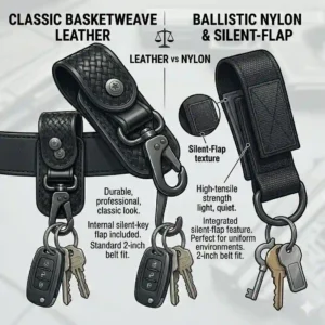 A side-by-side comparison illustration of a classic basketweave leather duty belt key holder and a durable ballistic nylon version.