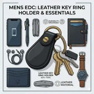 Flat lay illustration of modern everyday carry (EDC) essentials, including a smartphone, wallet, and black leather key ring holder.