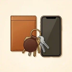 A vector illustration of everyday carry essentials featuring a smartphone, a minimalist wallet, and a sleek leather key ring.