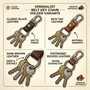 A product lineup illustration displaying a minimalist belt key chain holder in black, tan, and dark brown leather options.