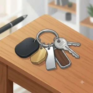 A clean line-art illustration showcasing minimalist metal fobs and aesthetic key accessories for a modern look.