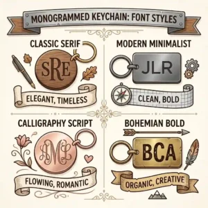 A chart showing classic, modern, and script font options for engraving a monogrammed keychain.