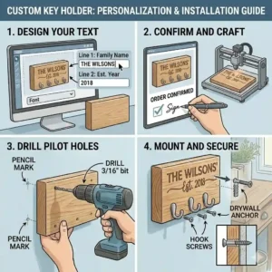 A stylized illustration of a personalized key holder wrapped as a housewarming gift with a ribbon.