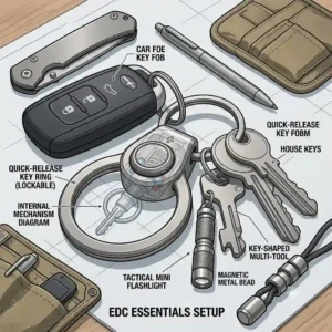 An illustration showing a magnetic quick release key ring attached to a person's belt loop.