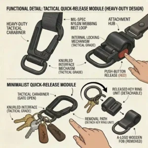 A rugged black tactical belt loop keychain with a heavy duty carabiner clip for outdoor gear.