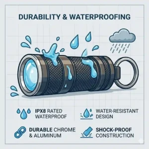 A durable, waterproof mini flashlight keychain being splashed with water, highlighting its weather-resistant design for outdoor use.