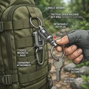 A tactical quick release key ring clipped securely to the Molle webbing of a hiking backpack.