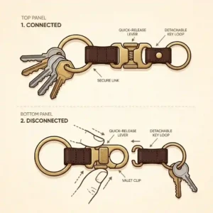A diagrammatic illustration explaining how the quick-release valet clip works on a functional leather key ring.